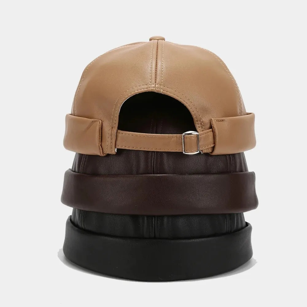 Casual Retro Brimless Hat PU Leather Adjustable Melon Skin Caps Solid Color Docker Cap Autumn Winter