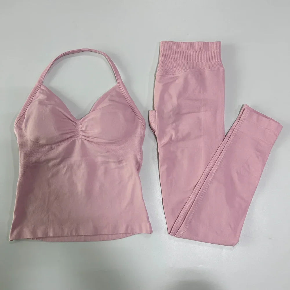 NO LOGO 2 Pieces Leggings Set Women Seamless Yoga Set Backless Tank Tops High Waist Scrunch Suit Fitness Scrunch Gym Sportswear