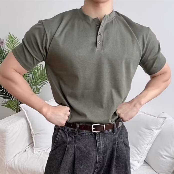 Mens Cotton Henley Neck Short Sleeve T-Shirt