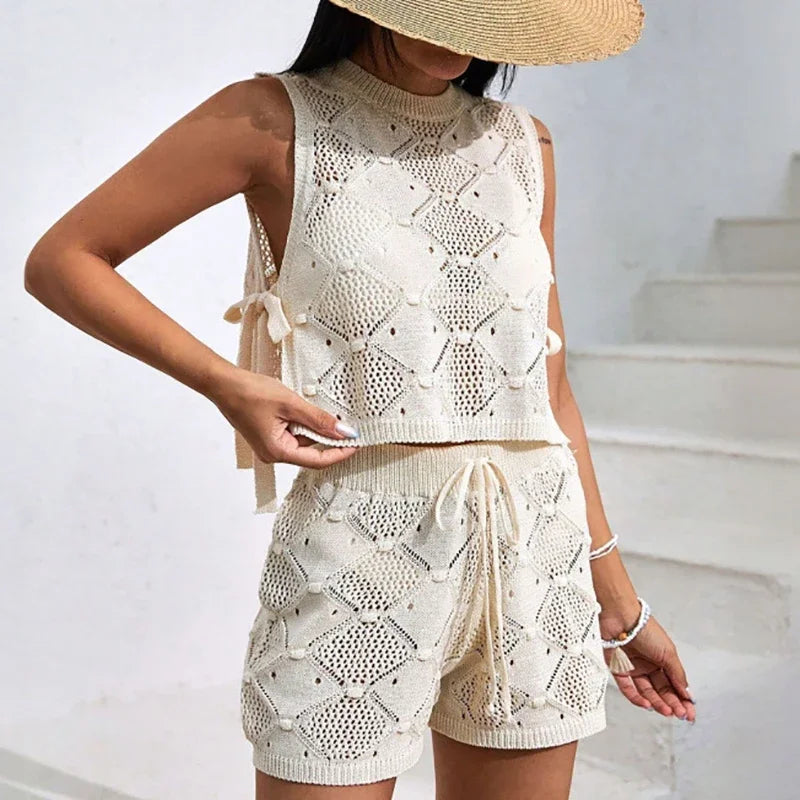 Handmade Knitted Vest Summer Style Hollow Solid Versatile Loose Design Round Neck Sleeveless Top Shorts Two Piece Set Women's