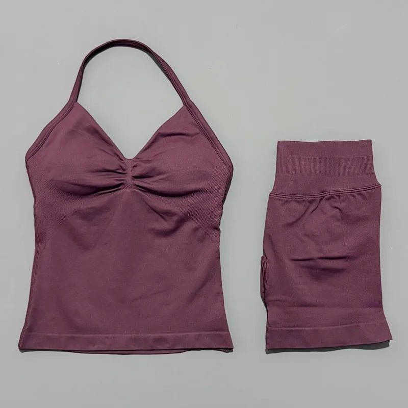 2 Piece Impact Sports Set Women Backless Halter Tops Fitness Tank Top High Waist Seamless High Stretch Shorts Gym Workout Sets