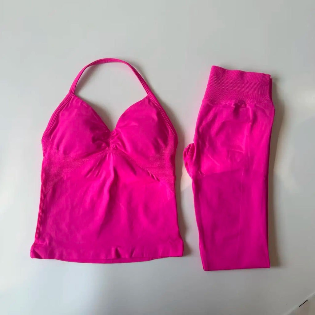 2 Pieces Set Yoga Leggings Set Women Backless Tank Tops High Waist Scrunch Gym Suit Fitness Clothes Outfit Yoga Set