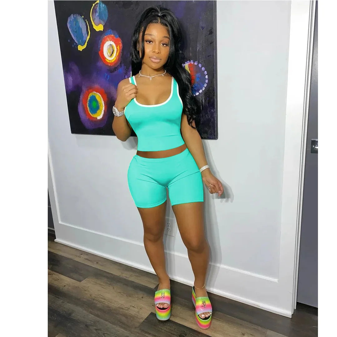 2024 European and American Women's Fashion Sexy Sports Solid Color Tank Top Shorts Set