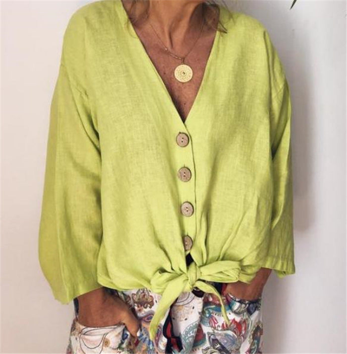 Loose Solid Color Long Sleeve V-Neck Button Shirt