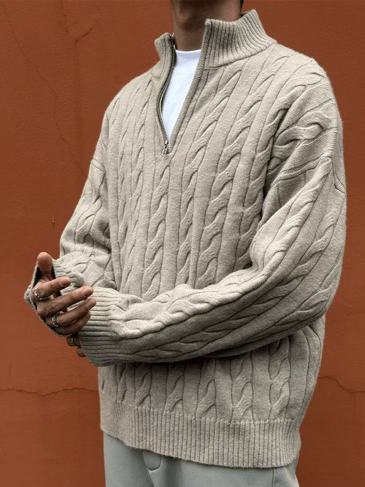 Half-Zip Cable Knit Sweater Men Stand Collar
