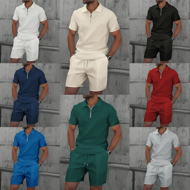 Waffle Fabric Men's Short Sleeve Polo Suit