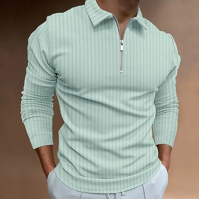 Cross-border spring and autumn men's POLO shirt fashion trend zipper striped long-sleeved men's polo shirt