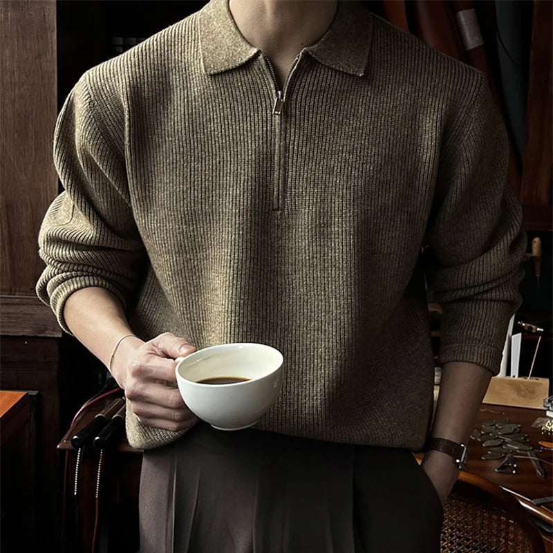 Vintage Zipper Lapel Knitted Polo Shirts