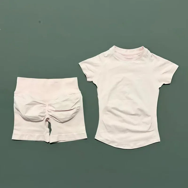 2 Pieces Impact Gym Sets Women Seamless knitted Yoga Short Sleeve Top Fitness Set Workout Running Sports Short Leggings Suit