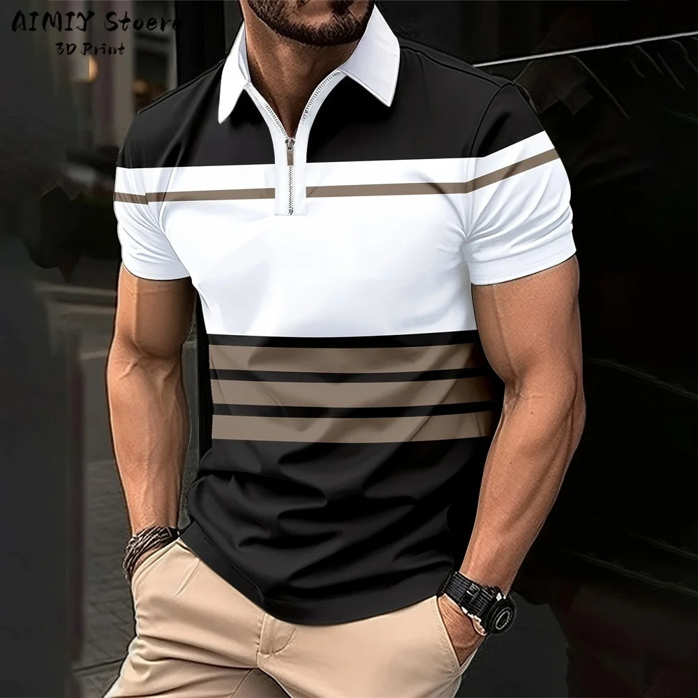 Men's Polo Shirt Striped Polo Shirt Casual Men's Top Short Sleeve Lapel Shirt White Base Gray Stripe Versatile Business Wear