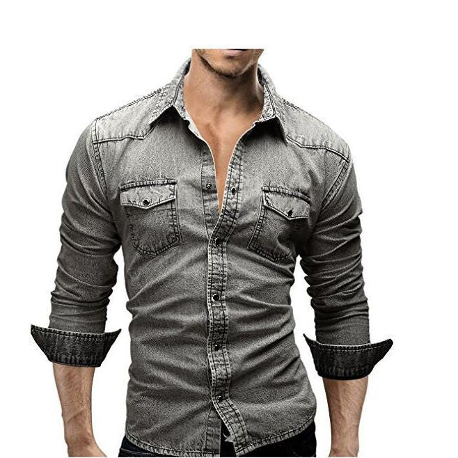 Men's Long Sleeve Denim Shirt Casual Solid Color Stitched