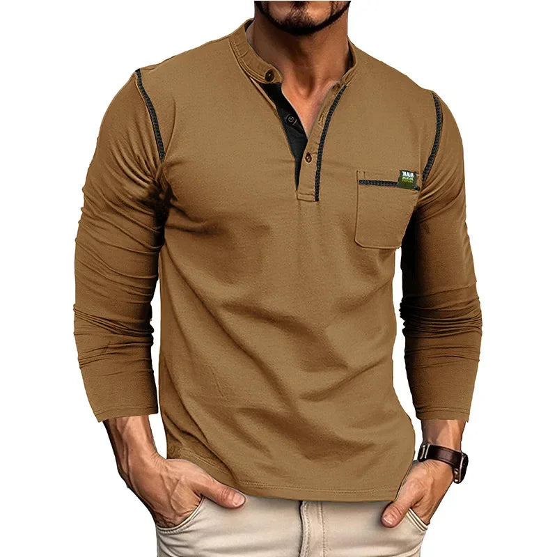 T-shirt Henry Collar Solid Color New Autumn Winter Men's Long-sleeved Casual Fashion Tee Top