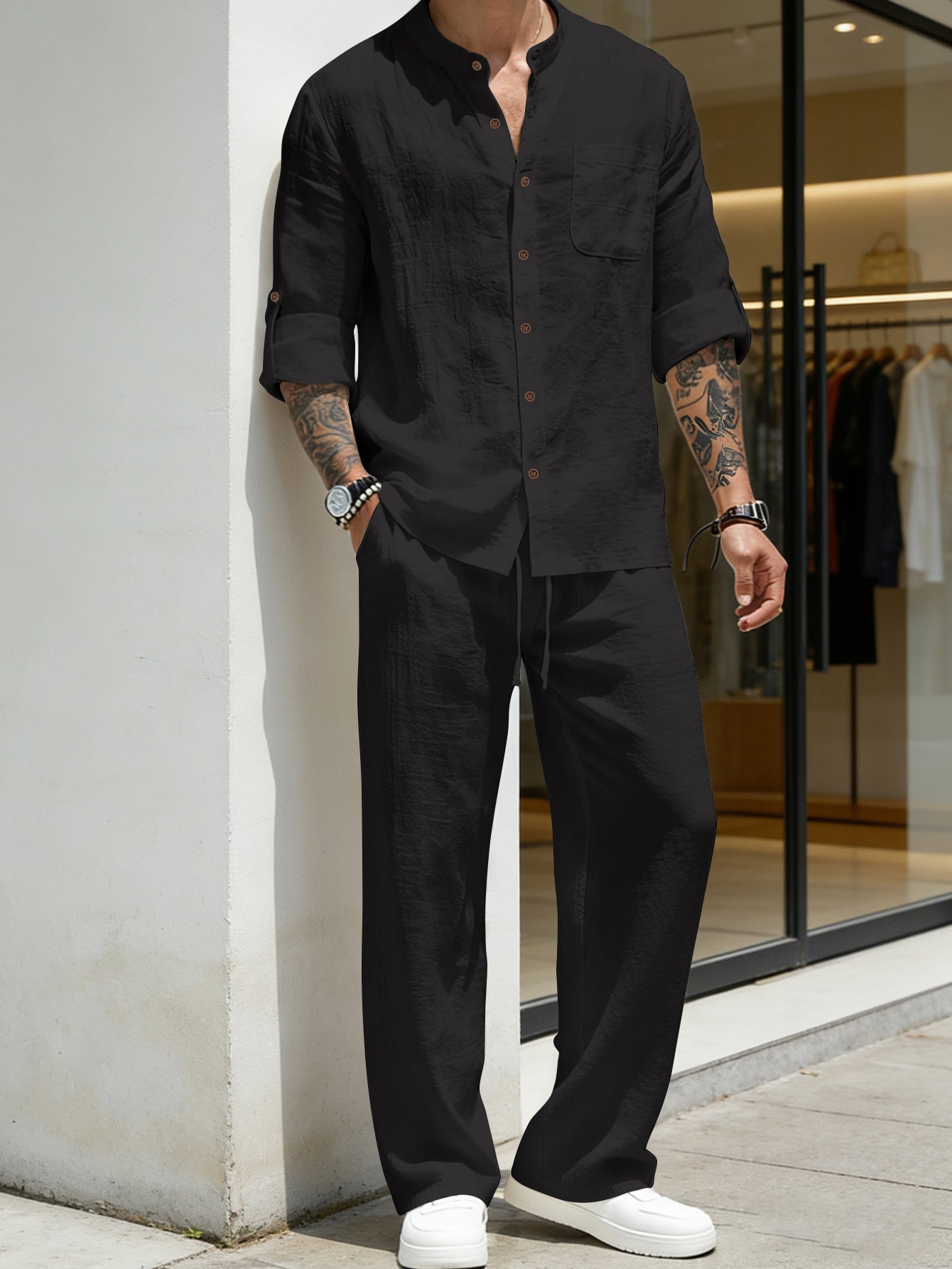 Mens Linen Stand Collar Shirt and Pants Set