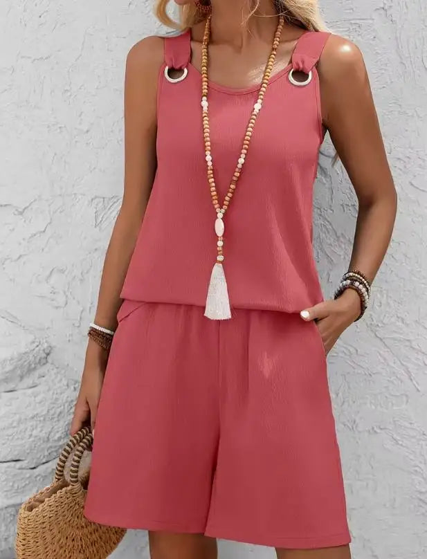 Women Casual Fashion Set with Suspender Sleeveless Solid Color Top and Pants Set Comfortable Clothing Summer Shorts Sets Women