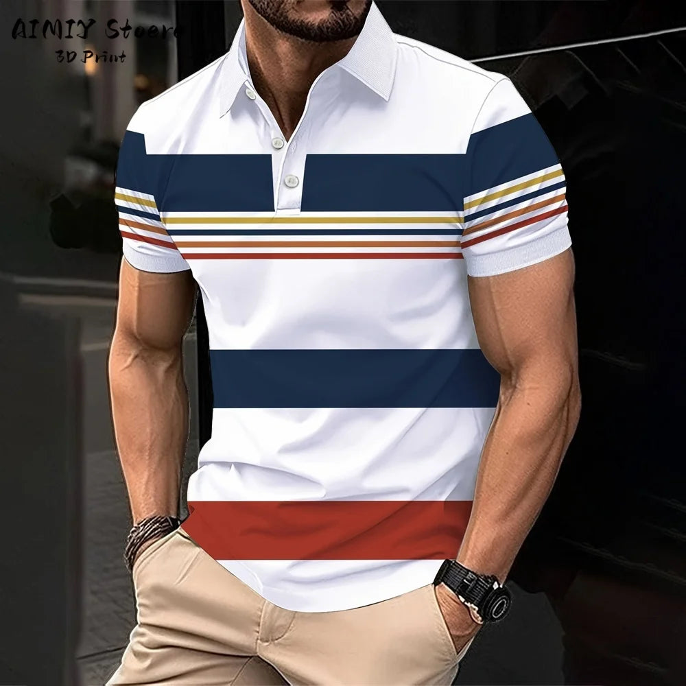 Men's Polo Shirt Striped Polo Shirt Casual Men's Top Short Sleeve Lapel Shirt White Base Gray Stripe Versatile Business Wear