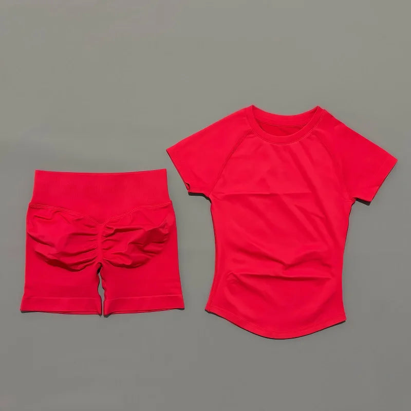 2 Pieces Impact Gym Sets Women Seamless knitted Yoga Short Sleeve Top Fitness Set Workout Running Sports Short Leggings Suit