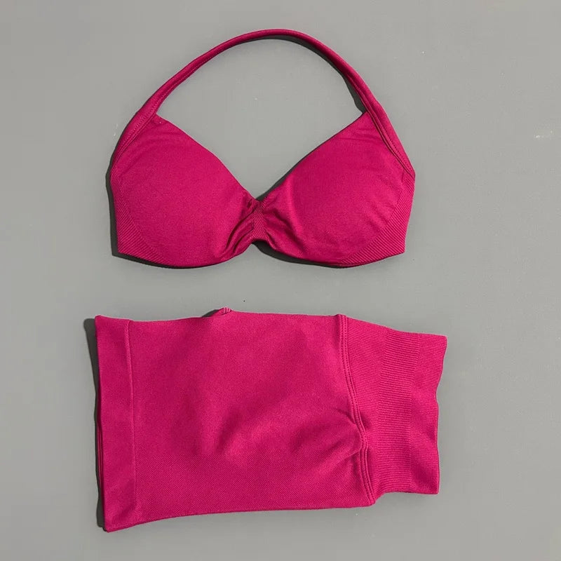 2 Piece Impact Sports Set Women Strappy Yoga Bra Gym Workout Scrunch Shorts Sports Suit Fitness Clothes Seamless Yoga Set