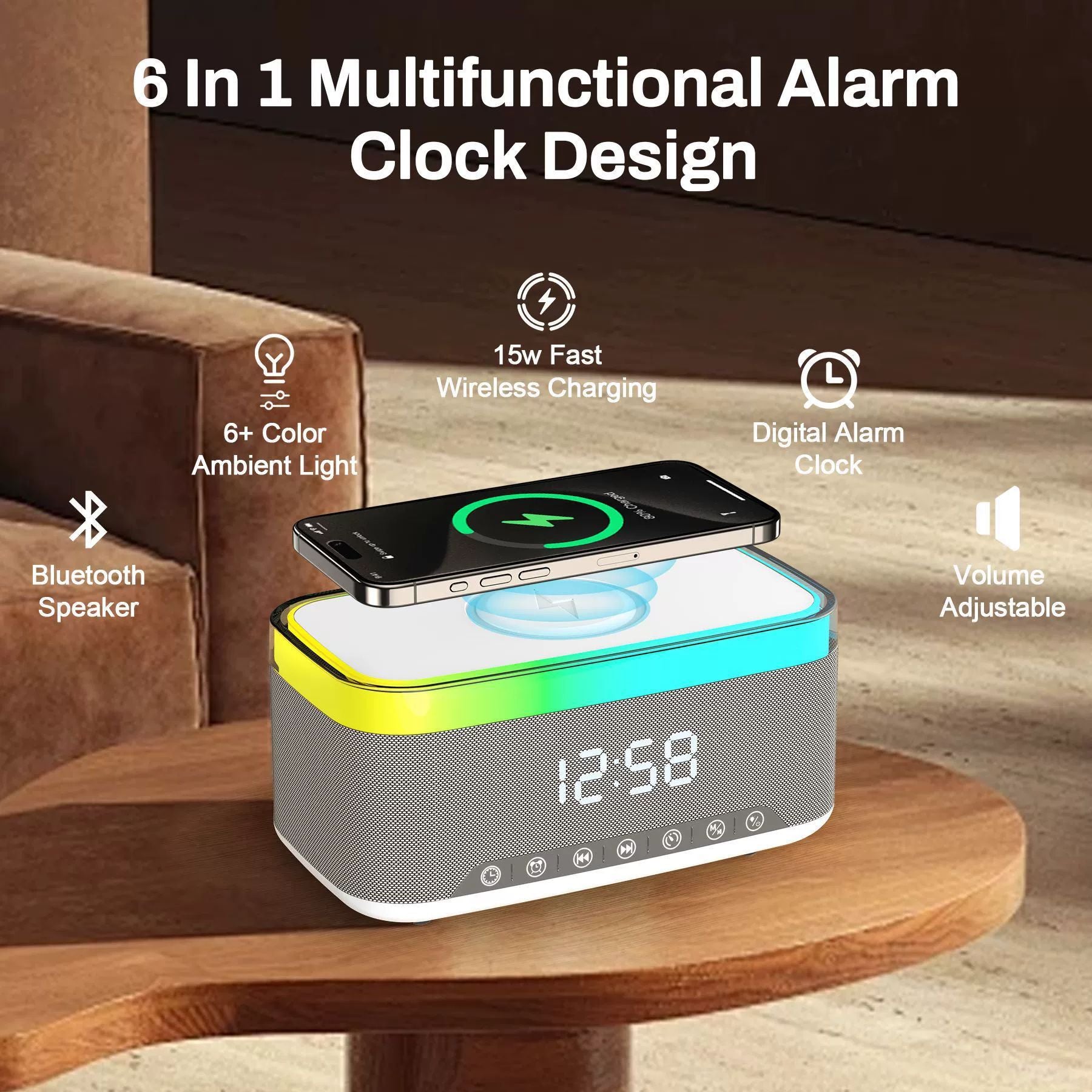 Smart Bluetooth Speaker with Night Light and Wireless Charger