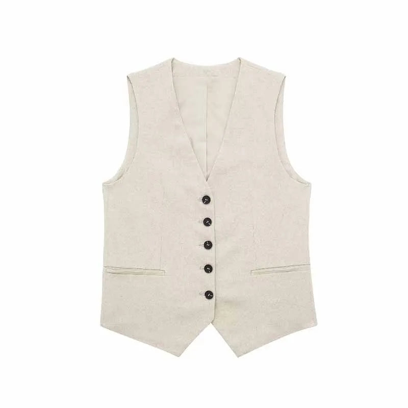 HH Fashion Vintage Sets For Women 2 Pieces Solid Linen V Neck Waistcoat Single Breasted Loose Vest Top Chic Casual Short Y2k
