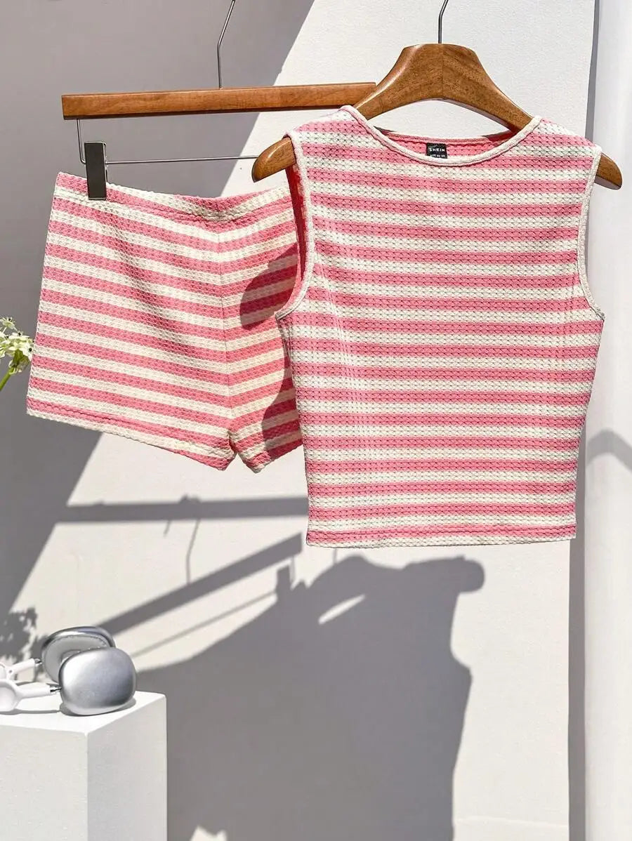 Brown and Cream Striped Cropped Tank Top and Shorts Set, Casual Summer Outfit