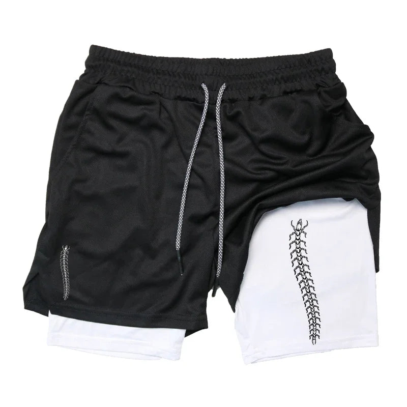 Print 2 in 1 Running Shorts for Men Gym Workout Compression Shorts with Phone Pocket Towel Loop Summer Sport Athletic Activewear