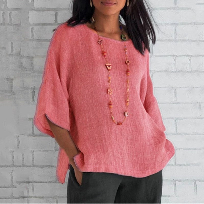 The Women's Three-Quarter Sleeve Round Neck Linen Shirt Top