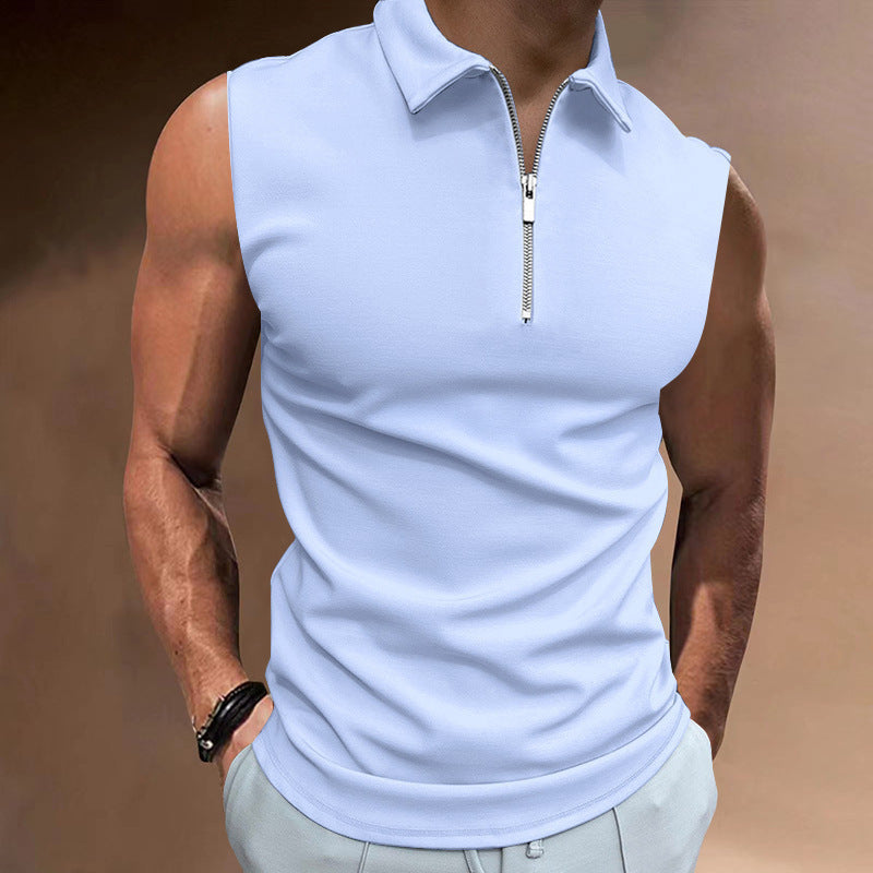 Men's Solid Color Sleeveless Polo Shirt - Casual Tops