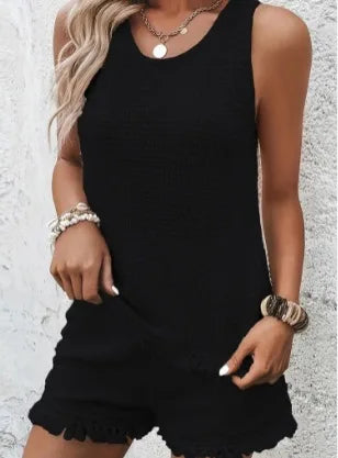 2026 Spot Amazon Independent Station Europe and America Cross-border Women's Top Shorts Set Sleeveless Crew Neck Pullover Top