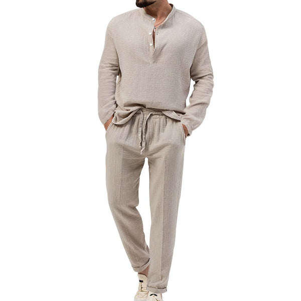 Men's Pure Color Casual Long Sleeve Shirt and Pants Set