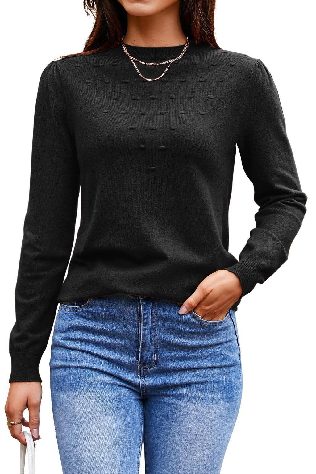 Arach&Cloz 2024 Fall Sweater Long Puff Sleeve Tops Crew Neck Trendy Dressy Shirts Lightweight Pullover Fashion Teacher Clothes Work Business Casual Outfits Black L