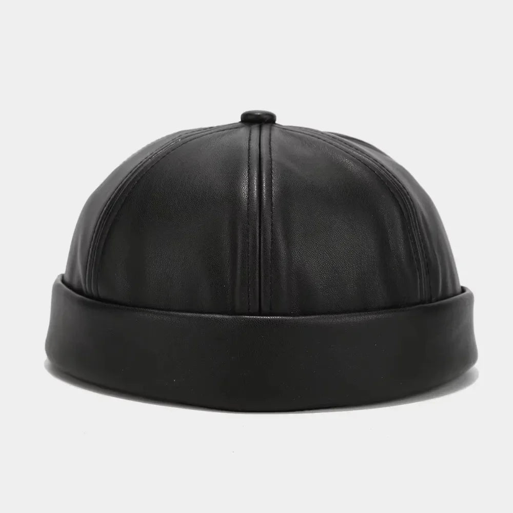 Casual Retro Brimless Hat PU Leather Adjustable Melon Skin Caps Solid Color Docker Cap Autumn Winter