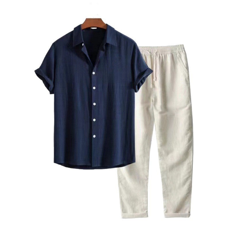 Mens Solid Color Short Sleeve Shirt and Pants Set