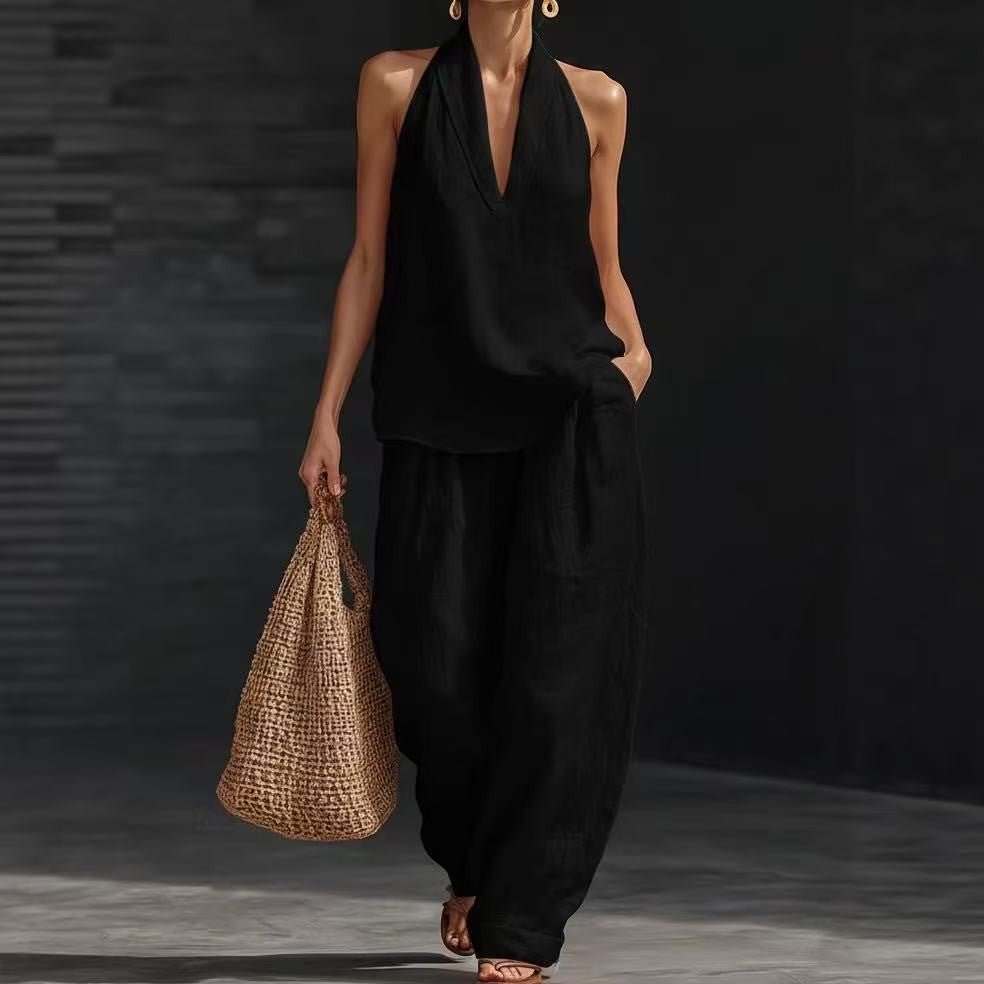 French Style Halter Top and Wide-Leg Pants