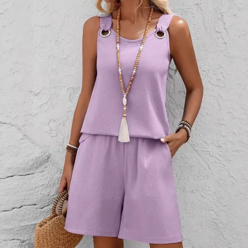 Women Casual Fashion Set with Suspender Sleeveless Solid Color Top and Pants Set Comfortable Clothing Summer Shorts Sets Women