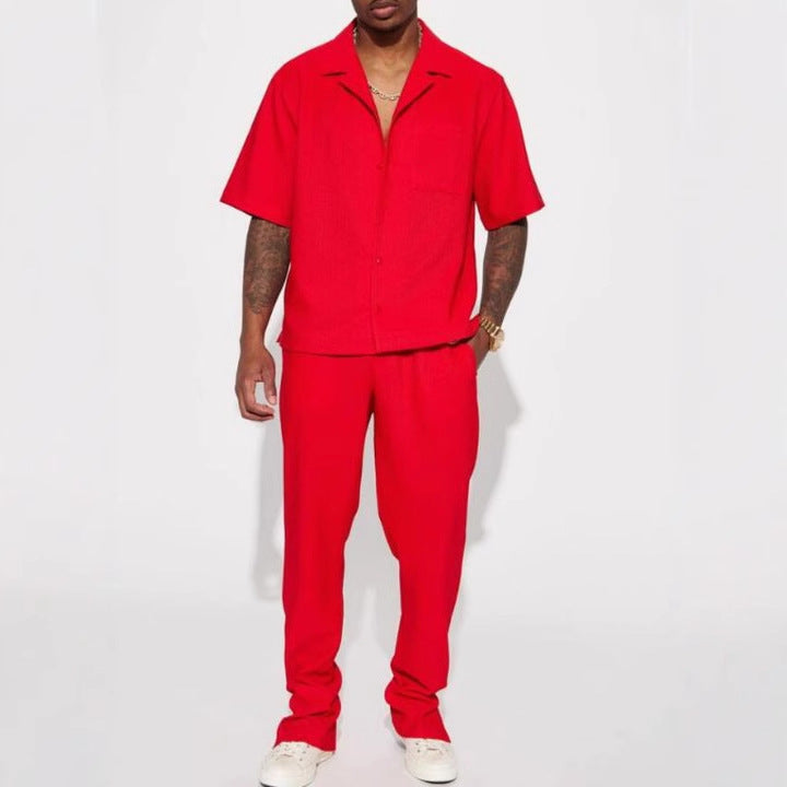 Men's Casual Short Sleeve Lapel Shirt and Long Pants Set