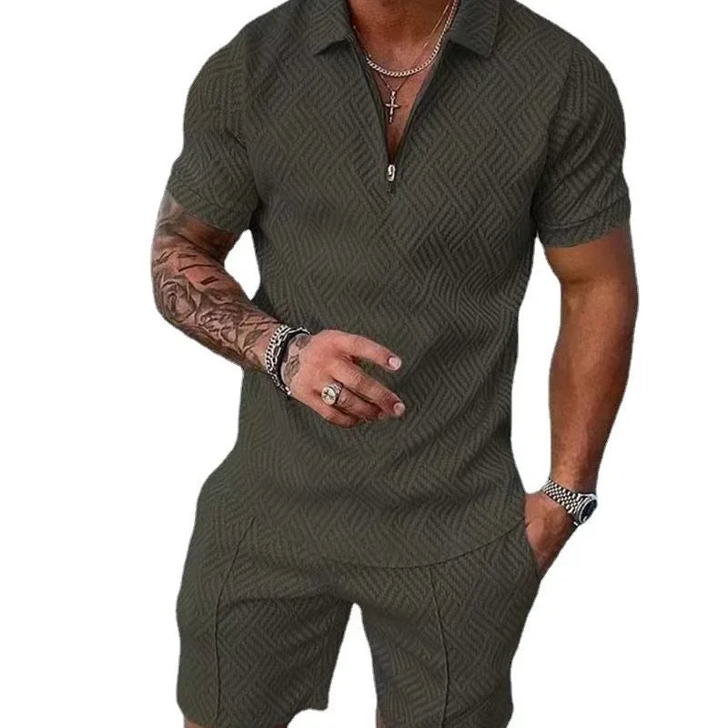 V-neck Zipper Short Sleeve POLO Shirt+Shorts