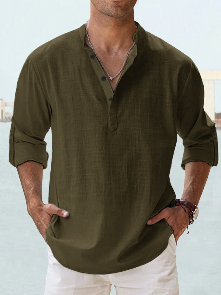 Mens Linen Collar Long Sleeve Cotton Shirt