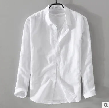 White Cotton Linen Long Sleeve Shirt for Youth Casual