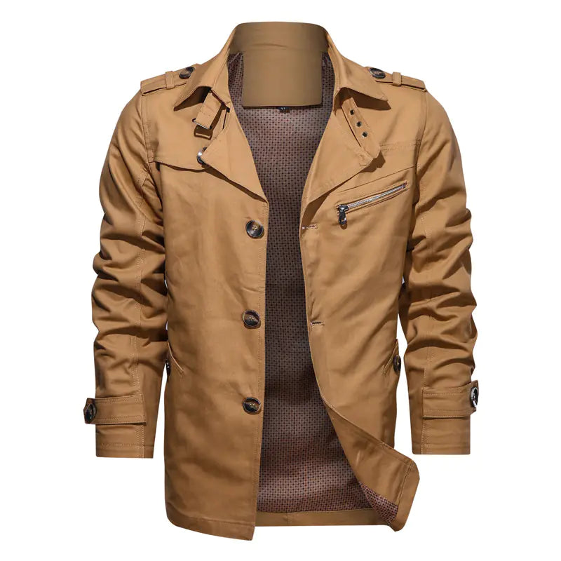 Mid-Length Casual Jacket for Men with Cotton Lapel