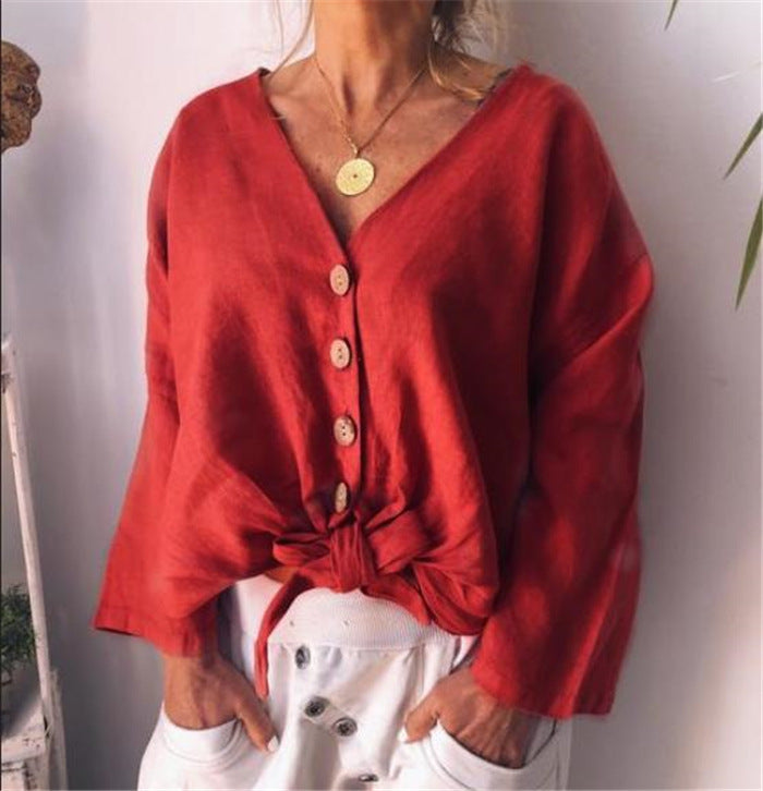 Loose Solid Color Long Sleeve V-Neck Button Shirt