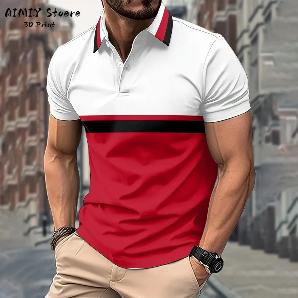 Men's Polo Shirt Striped Polo Shirt Casual Men's Top Short Sleeve Lapel Shirt White Base Gray Stripe Versatile Business Wear