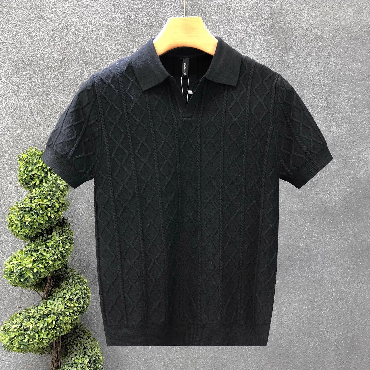 Mens Textured V-Neck Polo Shirt