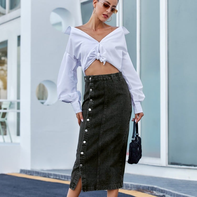 High Waist Irregular Slit Denim Long Skirt