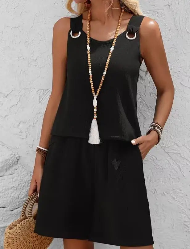 Women Casual Fashion Set with Suspender Sleeveless Solid Color Top and Pants Set Comfortable Clothing Summer Shorts Sets Women