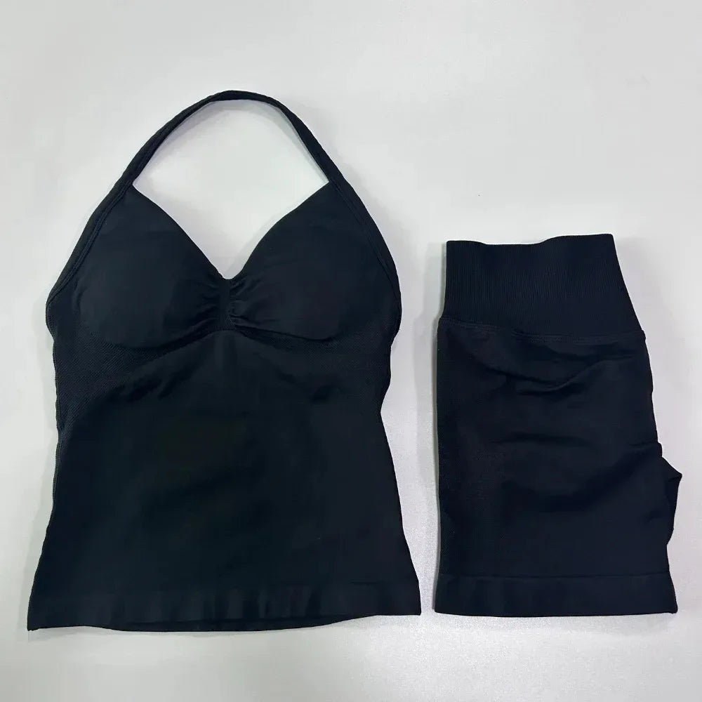 2 Pieces Sport Set Women Backless Tank Tops High Waist Scrunch Seamless Shorts Sport Suit Gym Set Sportswear Workout Set