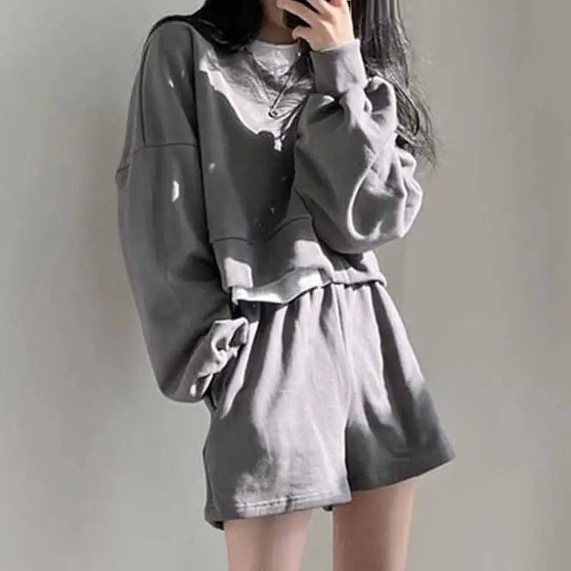 Korean Set Lazy V Neck Pullover Sweatshirt Set