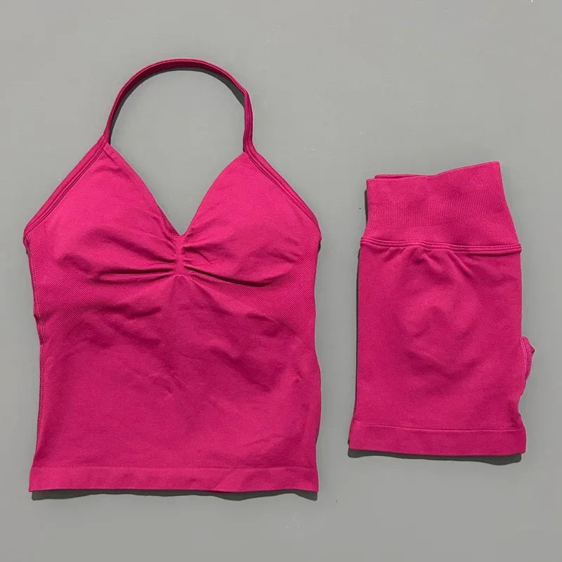 2 Piece Impact Sports Set Women Backless Halter Tops Fitness Tank Top High Waist Seamless High Stretch Shorts Gym Workout Sets
