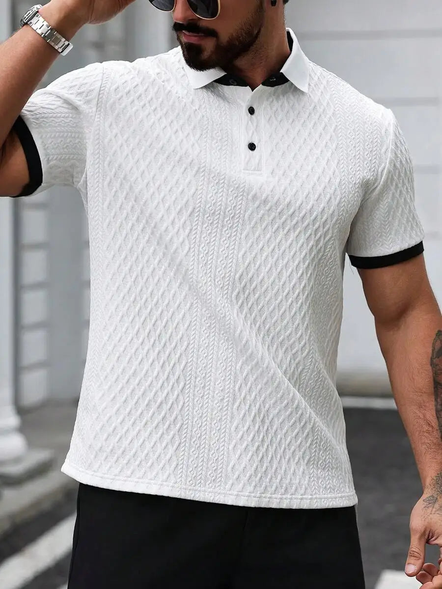 Men's Textured Short Sleeve Polo Shirt with Black Trim - Casual Minimalist Design