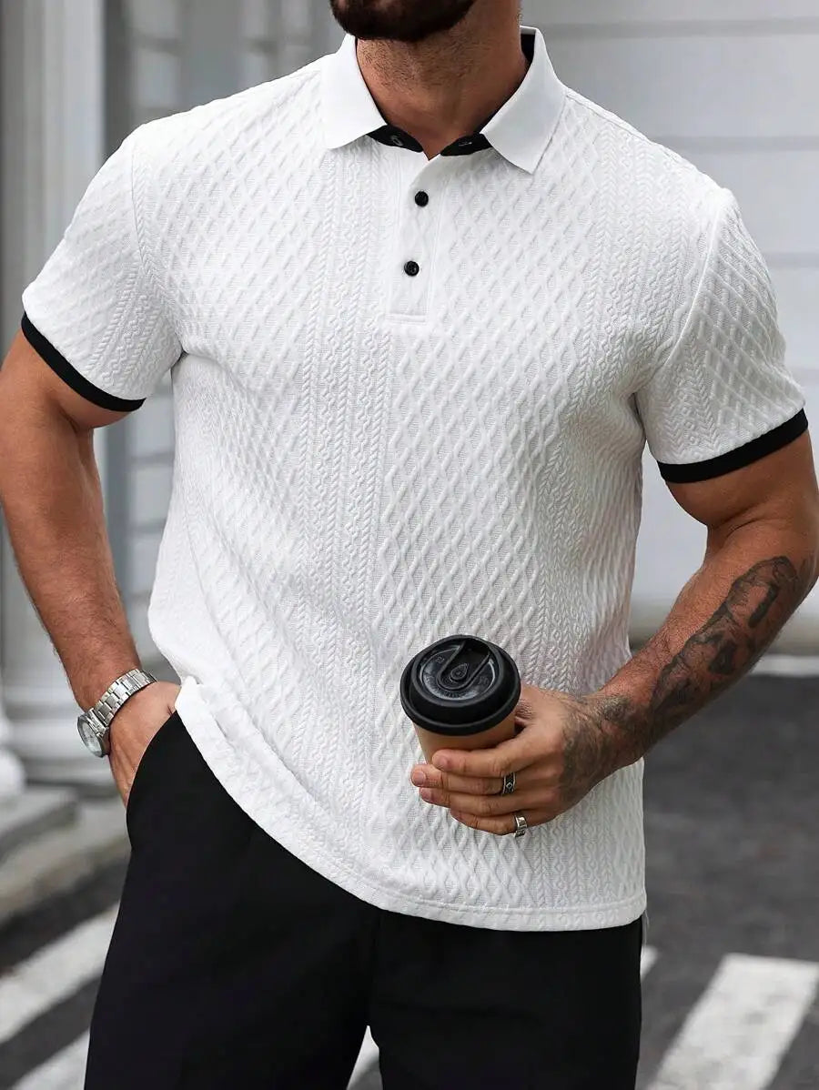 Men's Textured Short Sleeve Polo Shirt with Black Trim - Casual Minimalist Design