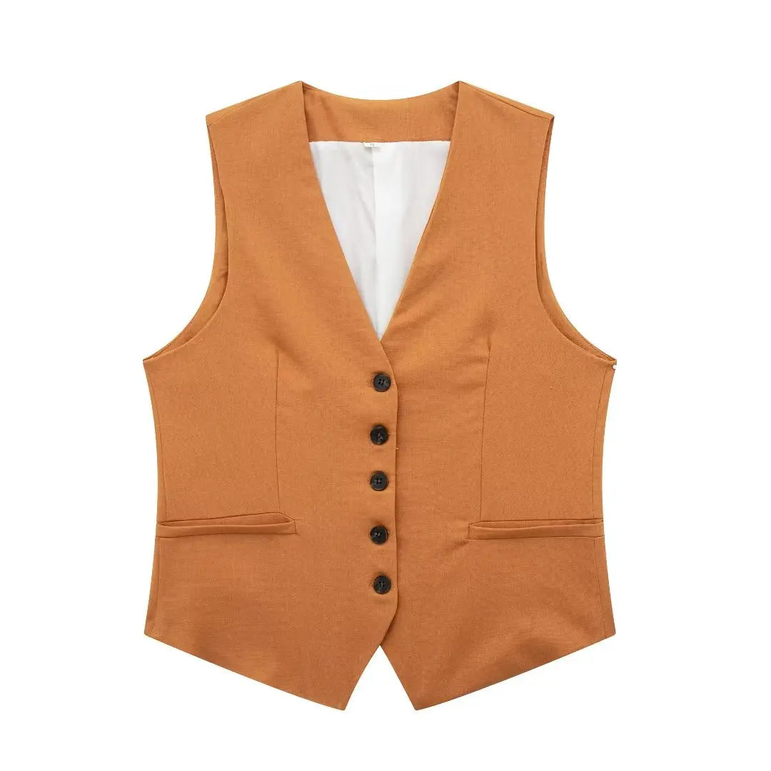 HH Fashion Vintage Sets For Women 2 Pieces Solid Linen V Neck Waistcoat Single Breasted Loose Vest Top Chic Casual Short Y2k
